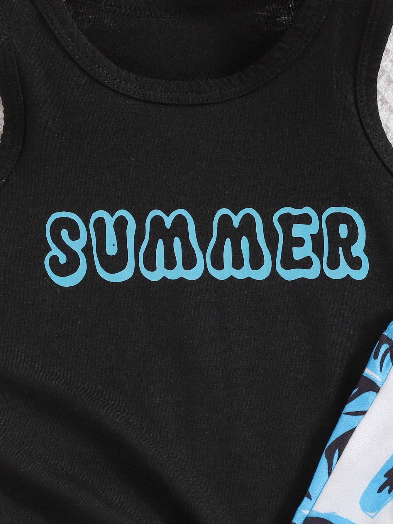 2pieces-Summer Baby Boy Casual Sports Outdoor Comfort Breathable Beach Vacation Travel Black Vest + Coconut Tree Printed Shorts
