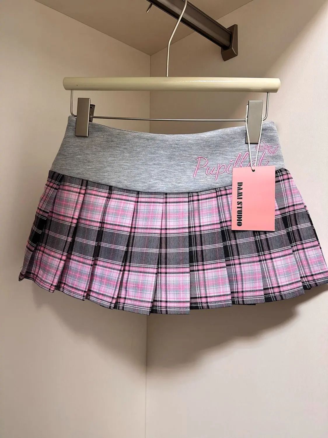 American Retro Spicy Girl Plaid Half Skirt Women Summer New Embroidery Patchwork Fashion High Waist Pleated Short Skirt