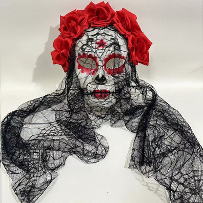 Gothic Bride Skull Mask, Black Veil & Rose Decorated Full Face Mask for Halloween, Cosplay and Party