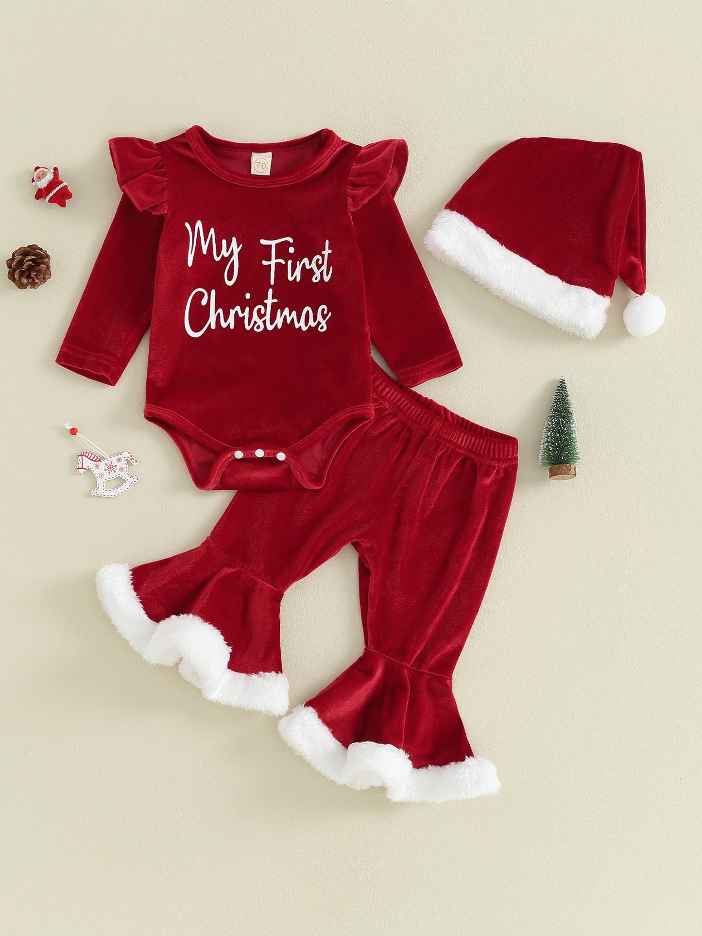 Infant Baby Girl Christmas Jumpsuit Outfits Letter Print Long Sleeve Romper Flare Pants Hat Toddler Clothes 0-18M