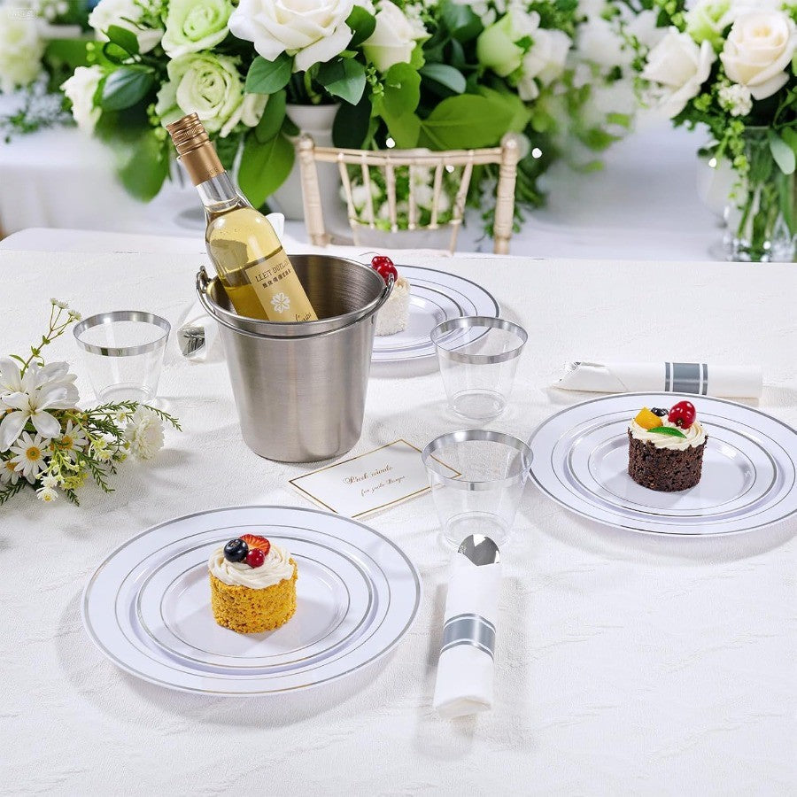 350PCS Silver Plastic Dinnerware Set for 50 Guests Fancy Disposable Plates for Party Include: 50 Dinner Plates 50 Dessert Plate