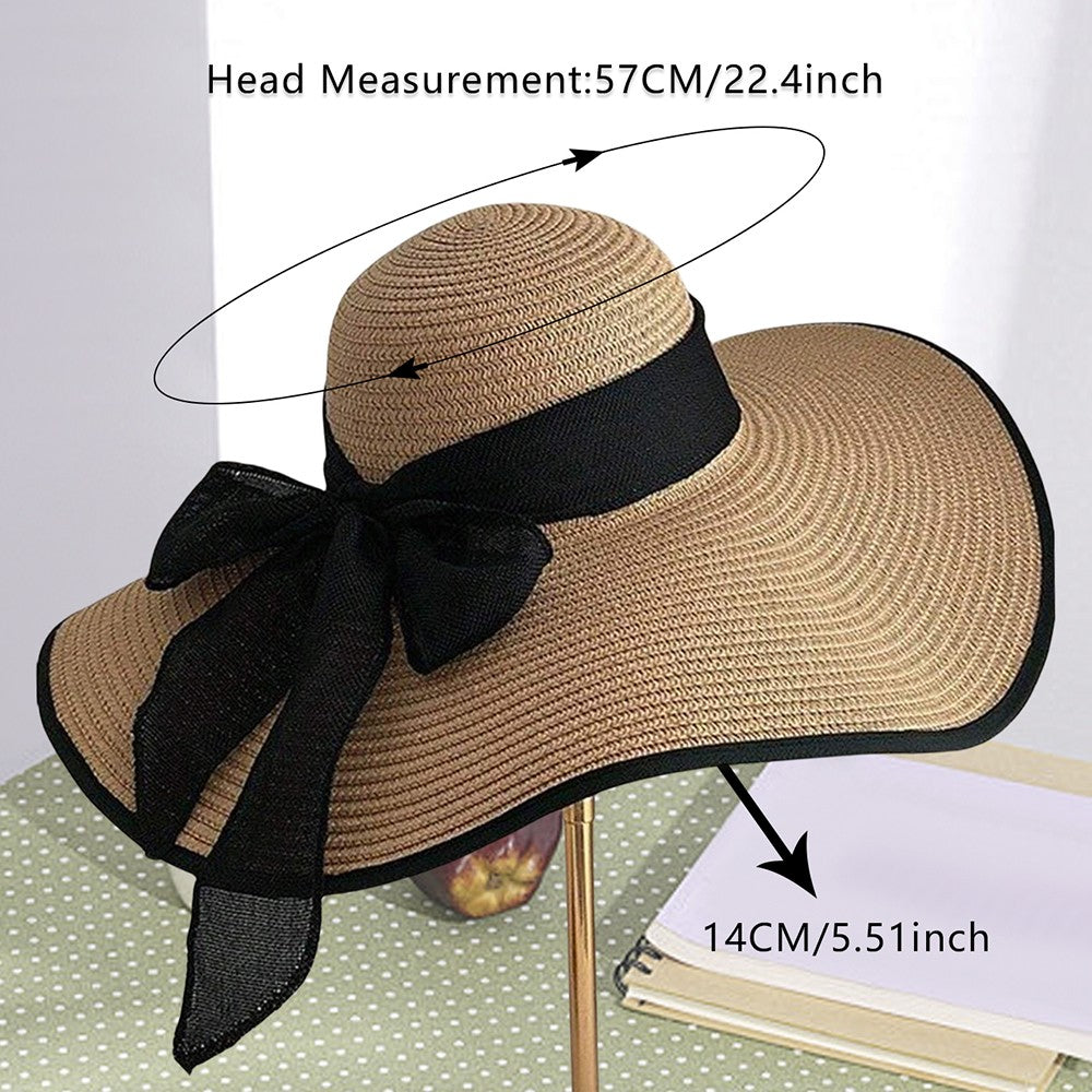 Beach Straw Hat For Women Summer Seaside Vacation Oversized Brim Wweet Bow Lace Edge Sun Protection Hat Foldable