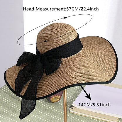 Beach Straw Hat For Women Summer Seaside Vacation Oversized Brim Wweet Bow Lace Edge Sun Protection Hat Foldable