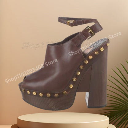 Coffe Matte Leather Round Rivets Pumps Peep Toe Chunky High Heel Elegant Fashion Women Shoes 2025 Summer Zapatos Para Mujere