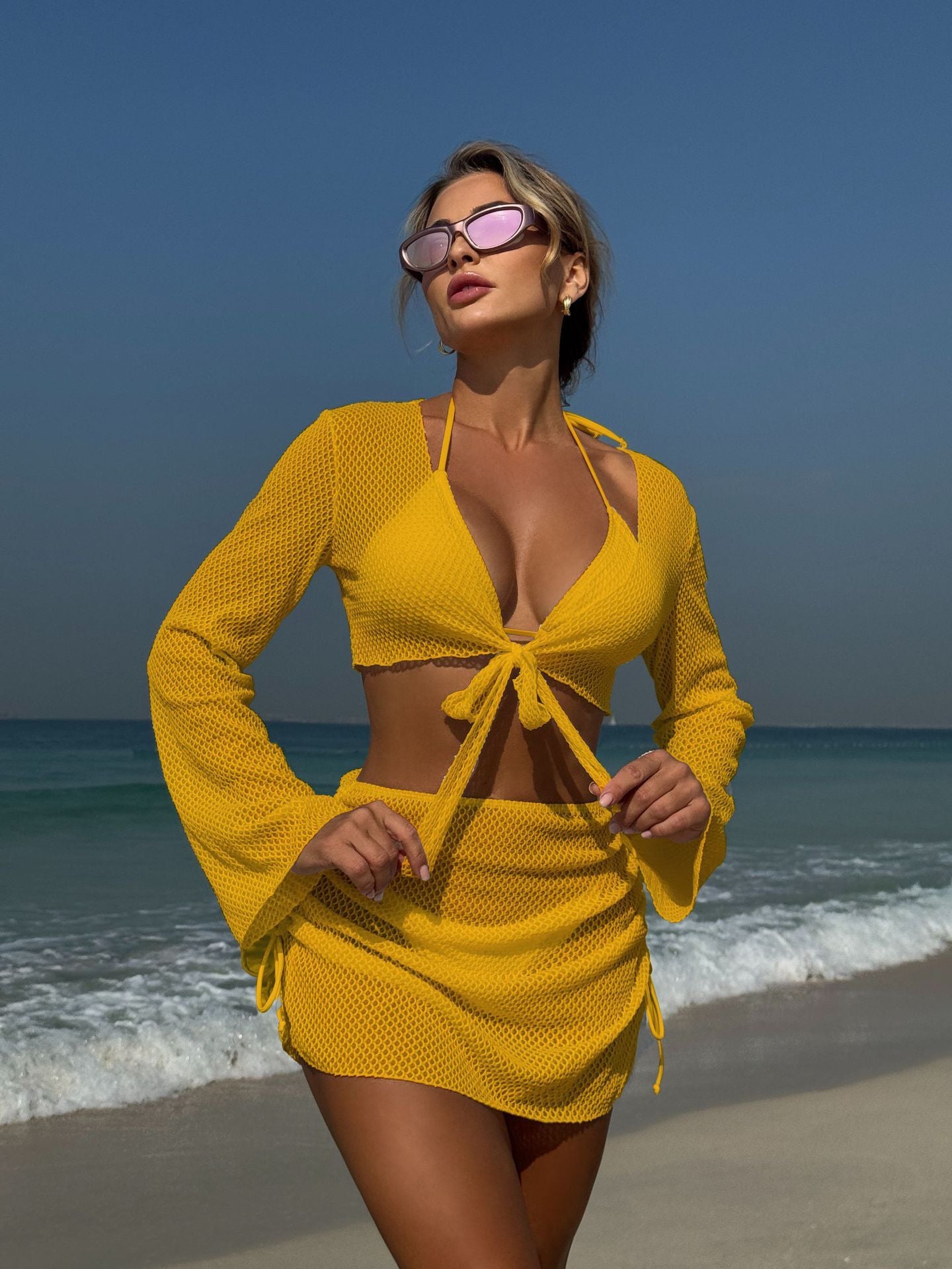 Summer Holiday 4 Piece Bikini Set 2025 Women Sexy White Long Sleeve Cover Up and Skirt Swimsuit Beach Bathing Suit Pool Swimwear
