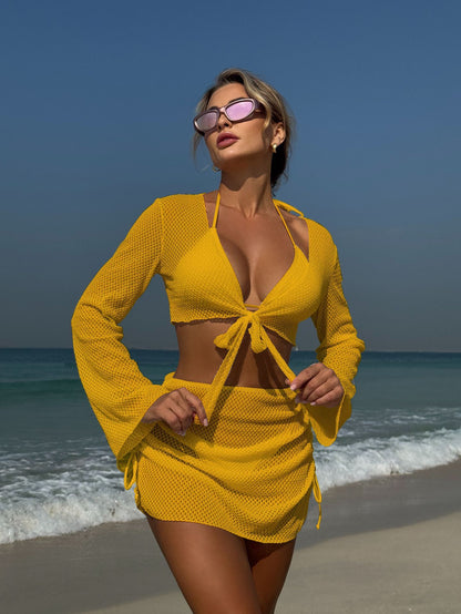 Summer Holiday 4 Piece Bikini Set 2025 Women Sexy White Long Sleeve Cover Up and Skirt Swimsuit Beach Bathing Suit Pool Swimwear