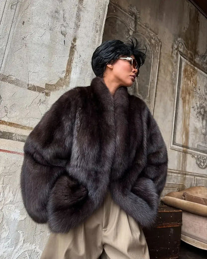 Lady Faux Fur Short Coat Women Lapel Hidden Button Full Sleeve Loose Warm Outwear 2025 New Winter Office Commute Overcoat New
