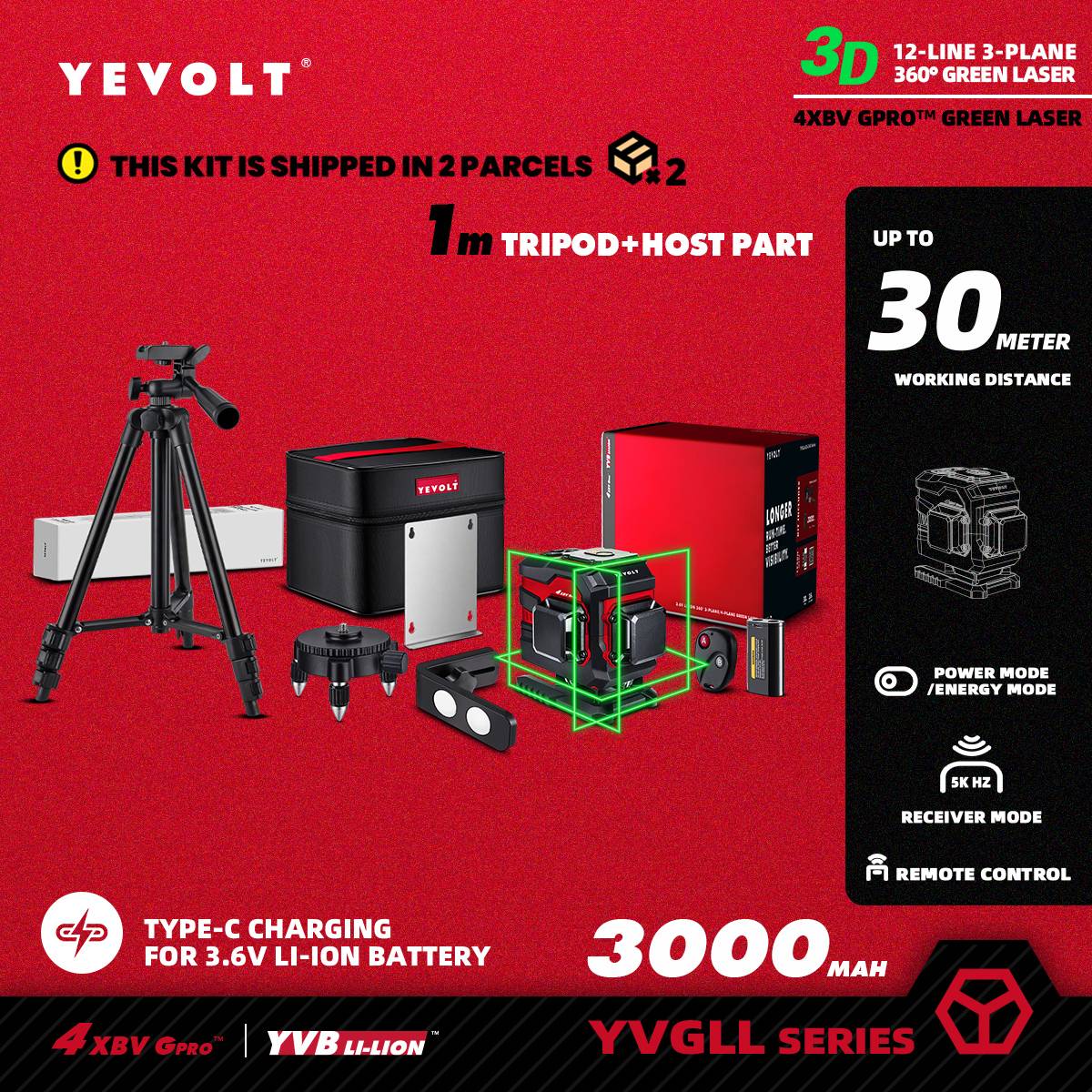 Nível a Laser Verde YEVOLT Série YVGLL4XS12T 3 Planos 12 Linhas Autonivelante 360 3D Horizontal & Vertical Ferramentas de Medição de Energia