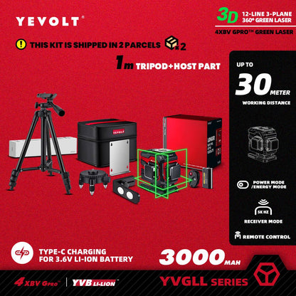 Nível a Laser Verde YEVOLT Série YVGLL4XS12T 3 Planos 12 Linhas Autonivelante 360 3D Horizontal & Vertical Ferramentas de Medição de Energia