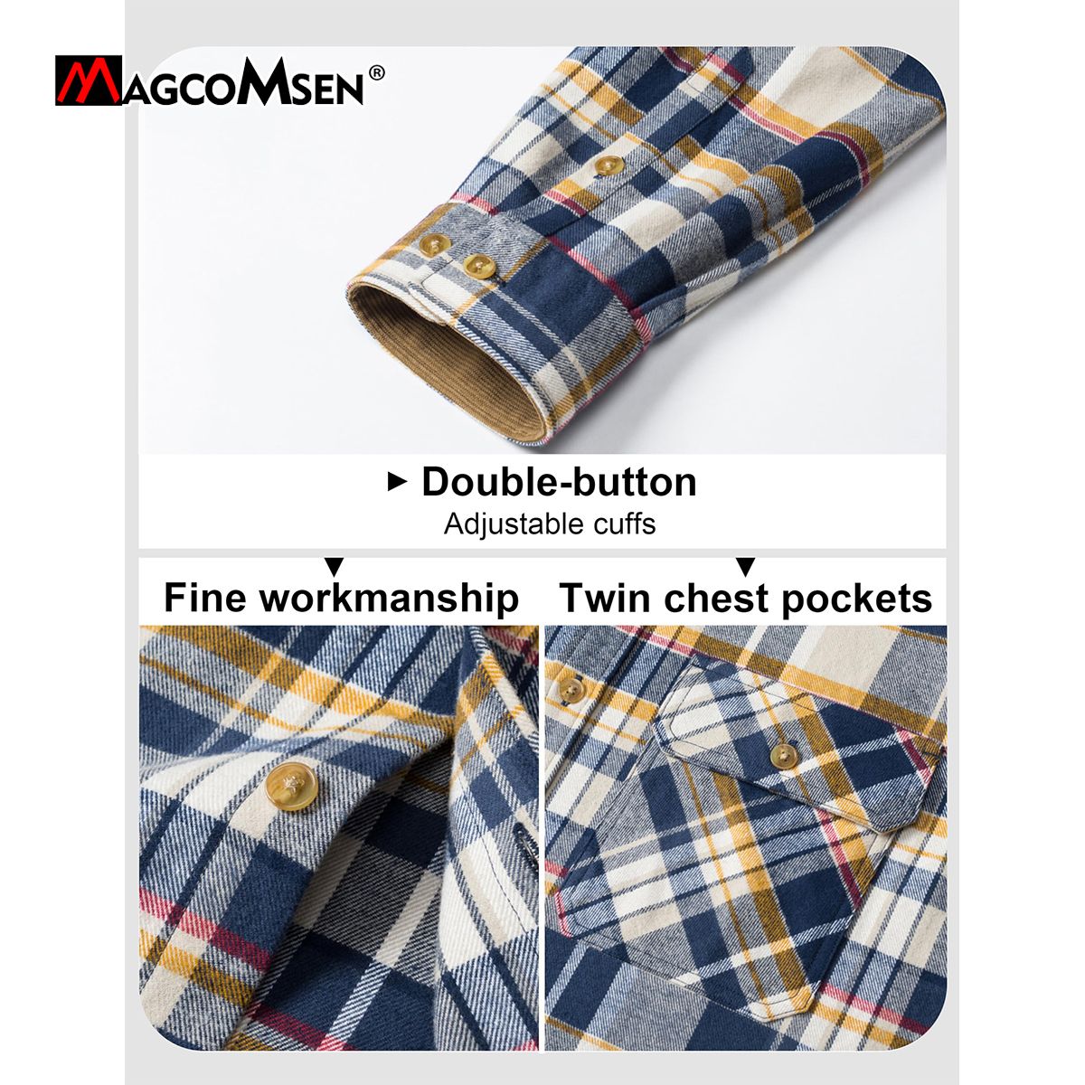 MAGCOMSEN Flannel Shirts Men's Long Sleeves Cotton Long Sleeve Plaid Shirt with 2 Pockets Button Down Casual Corduroy Shirt Male