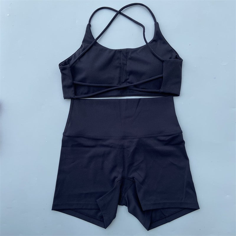 Yoga Shorts Set Gym Two Piece Sports Set Women Workout Outfit Fitness Suit Cross Straps Bra High Waist Shorts Running Tracksuit