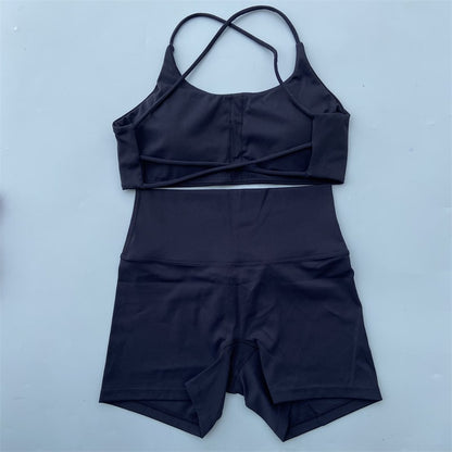 Yoga Shorts Set Gym Two Piece Sports Set Women Workout Outfit Fitness Suit Cross Straps Bra High Waist Shorts Running Tracksuit