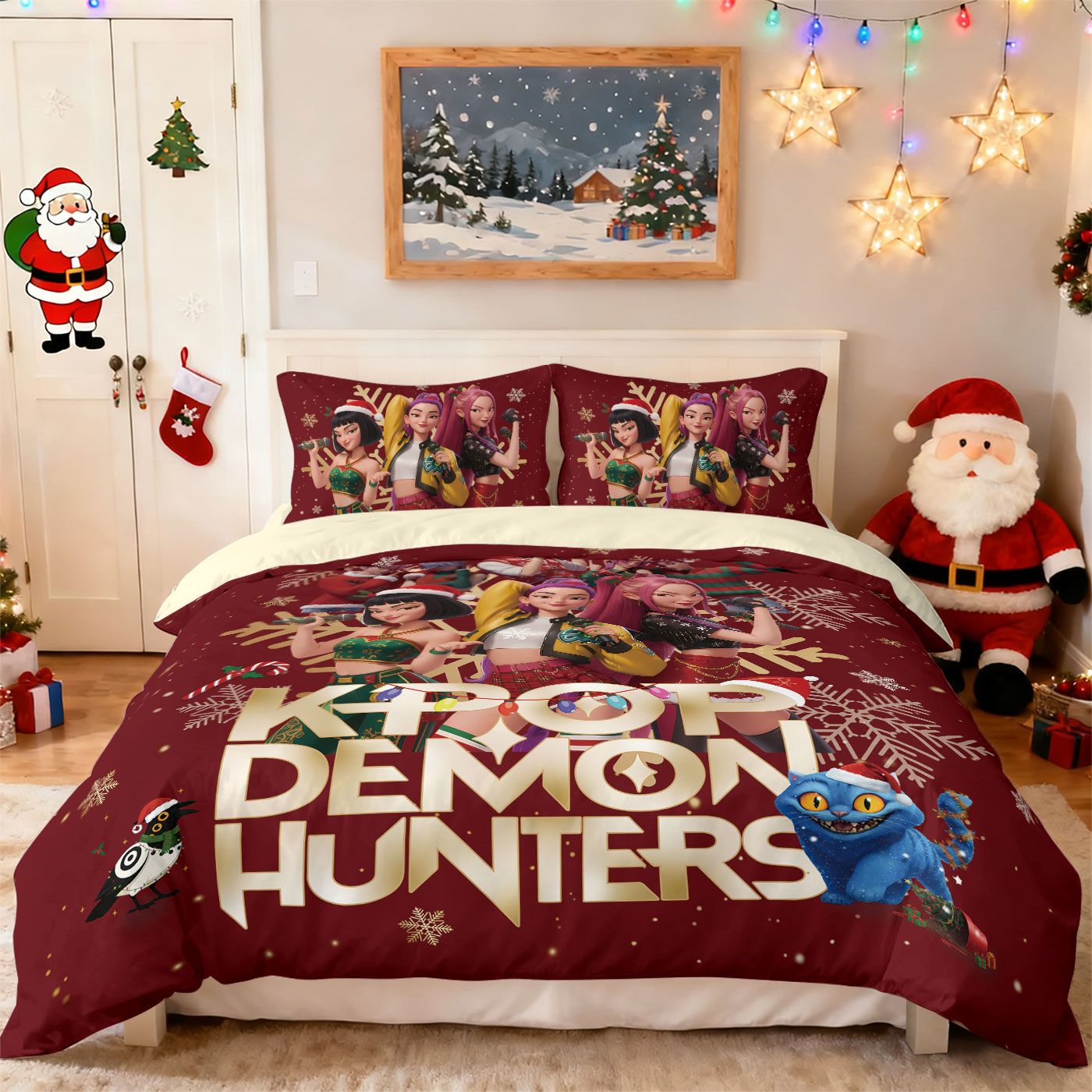 3pcs Christmas K-Pop Demon Hunters Print Coreless Bedding Set Multi Size Bedroom Bedding Decoration Machine Washable