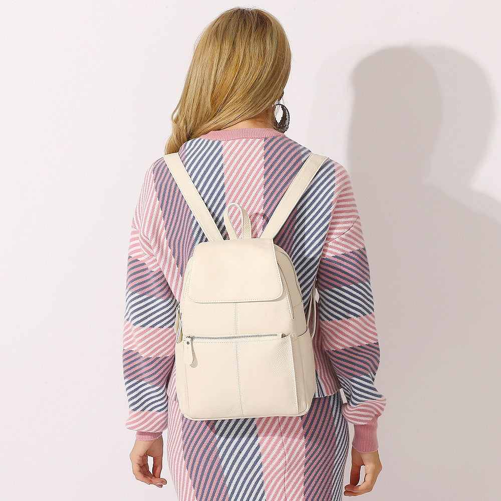 Zency Mochila Feminina Elegante Preta Branca Couro Genuíno Qualidade A++ Antifurto Grande Capacidade Mochila de Viagem Designer