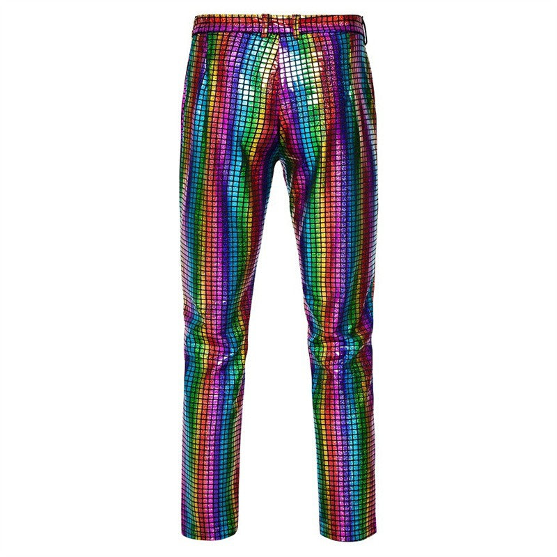 Novas Calças Masculinas Luxuosas de Terno Xadrez com Lantejoulas Moda Masculina Festa de Dança Bar KTV Casual Calças Pequenas Elásticas