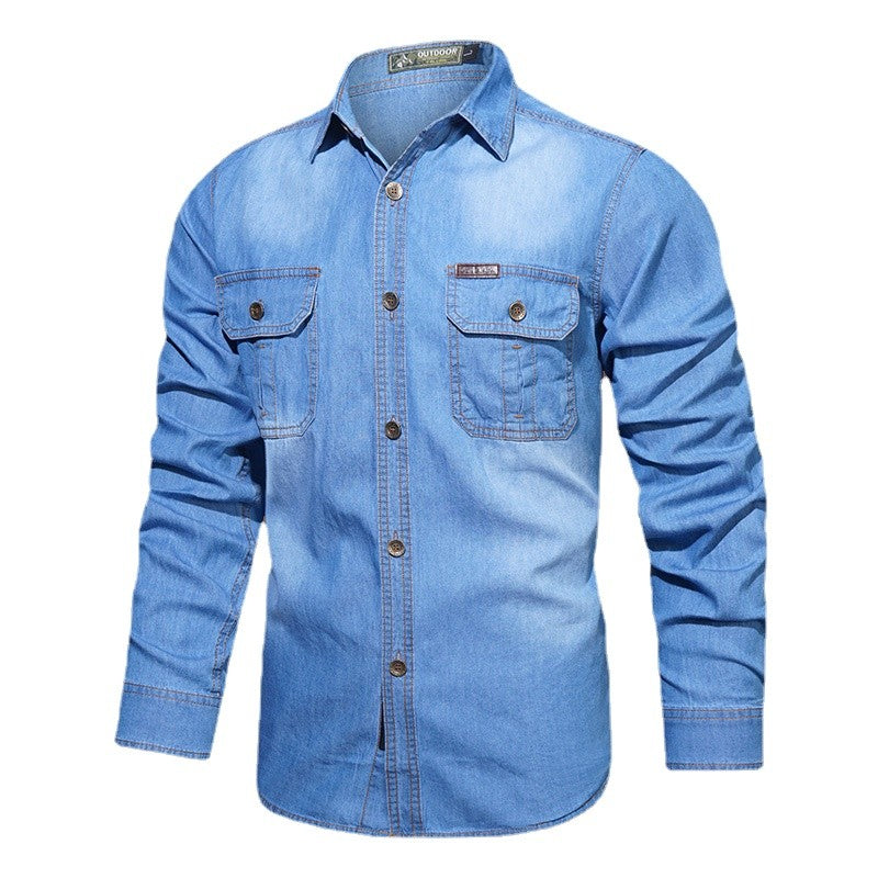New Spring Men Outdoor Multi-pocket Denim Tooling Shirts Man Long-sleeved Denim