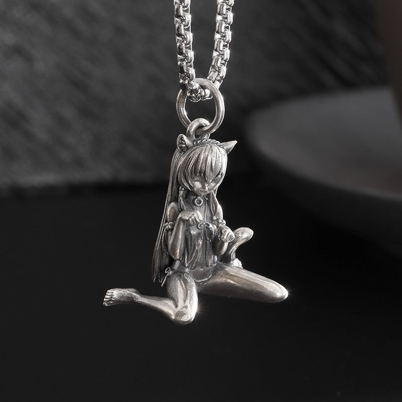 Colar Pingente Menina Bonita Anime Mecha Banhado a Prata Joia da Moda Hip-Hop Rock Punk Presente para Homens e Mulheres