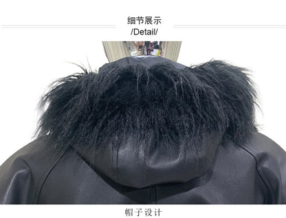 Mauroicardi Autumn Winter Short Oversized Black Warm Pu Leather Jacket Men with Faux Fur Trim Hood Loose Casual Korean Fashion