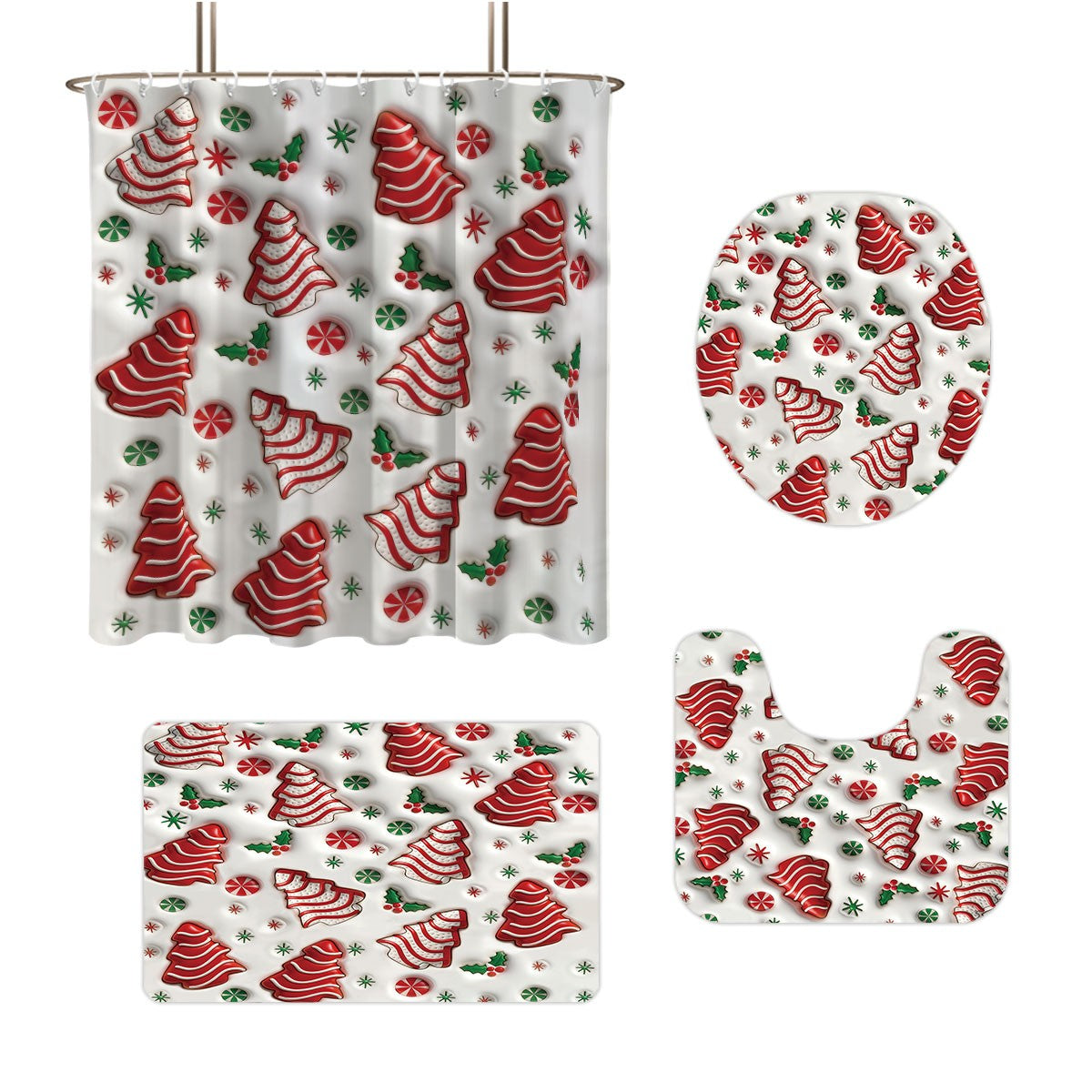 4pcs Christmas colored candy printed bathroom set 180x180 waterproof shower curtain, floor mat, toilet seat mat, U-shaped mat