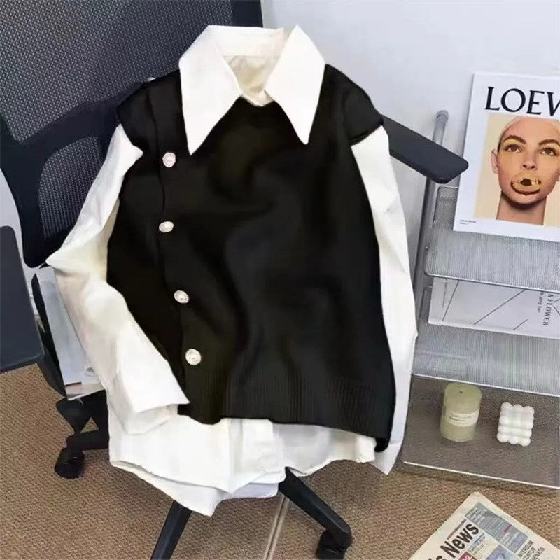 Japanese Women's Knitted Vest Shirt Two-Piece Set 2025 Spring Autumn Casual Side Buckle Vest Matching Long Sleeve Blouse