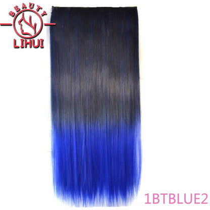 Extensões de cabelo sintéticas com clipe, longas e lisas, com 5 clipes em uma única peça, extensões de cabelo multicoloridas LIHUI