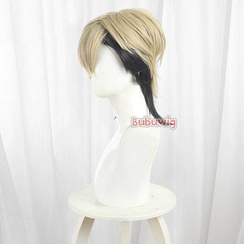 Peruca de Cosplay Zanka Nijiku de Cabelo Sintético Bubuwig Perucas de Anime Gachiakuta Zanka Nijiku Peruca Curta Loiro Misto Preto de 30cm Resistente ao Calor