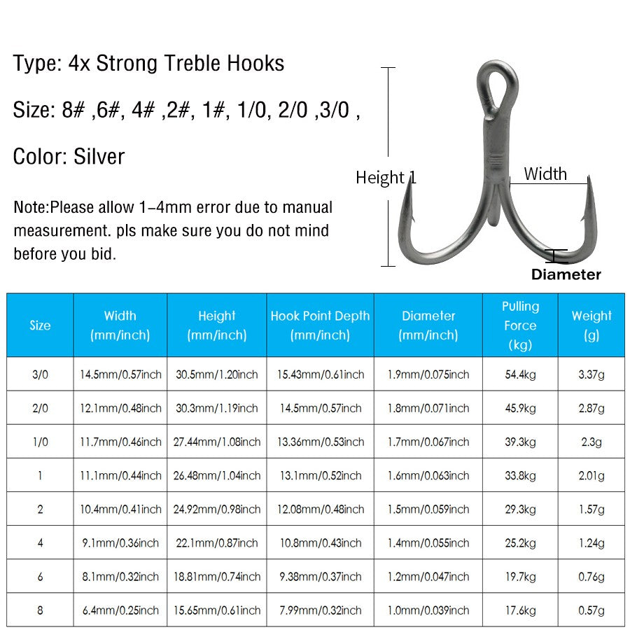 Anzol Triplo 4X para Pesca Pesada Traíra Anchova Salmão Rei Pesca 10 Peças 8# 6# 4# 2# 1# 1/0 2/0 3/0