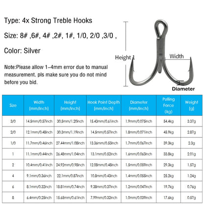 Anzol Triplo 4X para Pesca Pesada Traíra Anchova Salmão Rei Pesca 10 Peças 8# 6# 4# 2# 1# 1/0 2/0 3/0