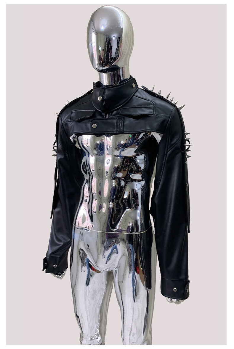 Mauroicardi Cool Black Cropped Pu Leather Jacket Men Rivet Shoulder Pads Zip Up Short Luxury Punk Style Clothes European Fashion