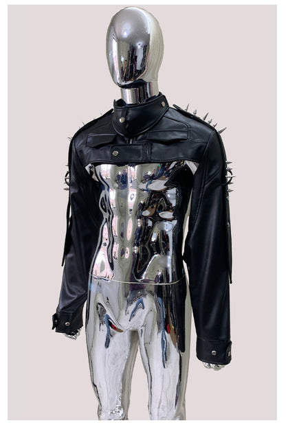 Mauroicardi Cool Black Cropped Pu Leather Jacket Men Rivet Shoulder Pads Zip Up Short Luxury Punk Style Clothes European Fashion