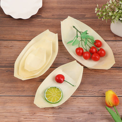 Bandejas de Alimentos 50pçs Barco de Madeira para Sushi Bambu Natural Descartável Caiaque Salada Sobremesa Bolo de Pinheiro Barco Tigela de Lanche Tapete Bandeja de Prato de Sushi