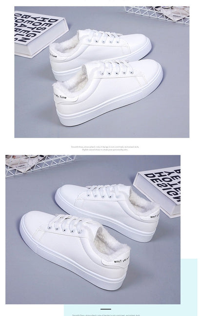 Tênis Feminino de Inverno, Quente, Pelúcia, Sola Vulcanizada, Plataforma, Algodão, Cadarço, Branco, Com Pelúcia, Casual