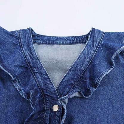 European style new women's fashion all-match temperament lotus leaf lace V-neck long-sleeved denim shirt