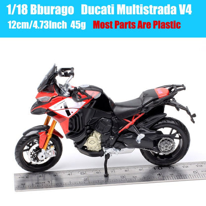 Miniaturas de moto de aventura Bburago Ducati Multistrada V4 Pikes Peak em escala 1/18, modelo de motocicleta de brinquedo diecast, vermelha