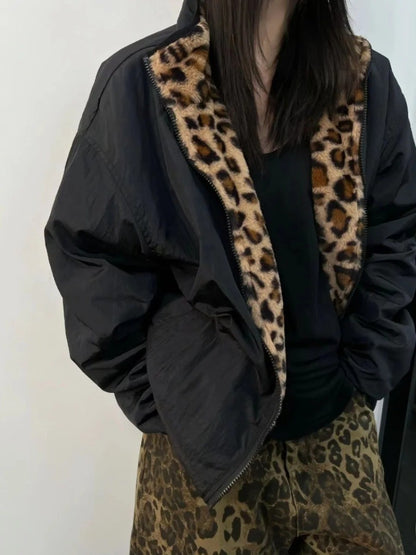 American Retro Harajuku Leopard Print Reversible Zipper Jacket Women Streetwear Trendy Casual Autumn and Winter Warm Plush Coat