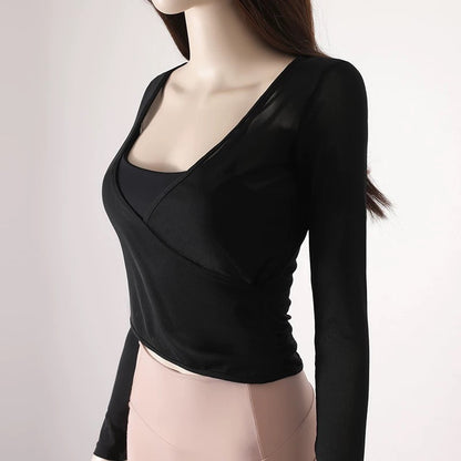 Quick Drying Yoga Sports Top V-Neck Cross Waist Mesh Breathable Fitness Long Sleeve Cover up for Women