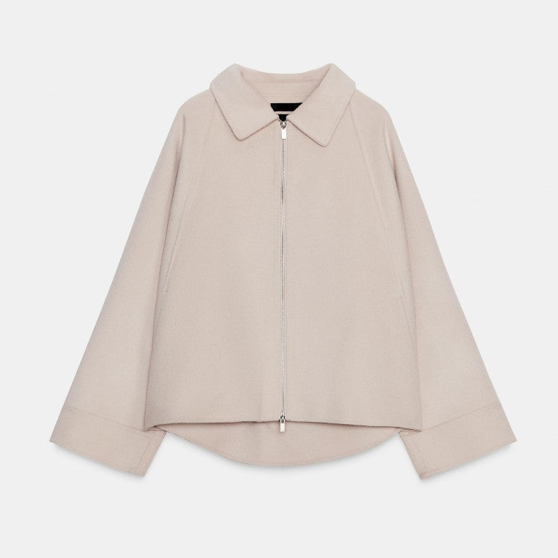 Woolen Zipper Loose Short Jacket Women Long Sleeve Lapel Solid 2025 Autumn Winter Commute Coat Street Office Warm Ladies Outwear