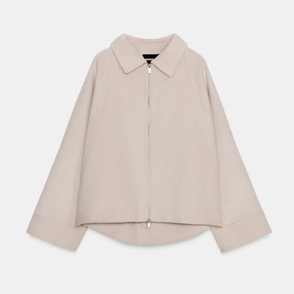 Woolen Zipper Loose Short Jacket Women Long Sleeve Lapel Solid 2025 Autumn Winter Commute Coat Street Office Warm Ladies Outwear