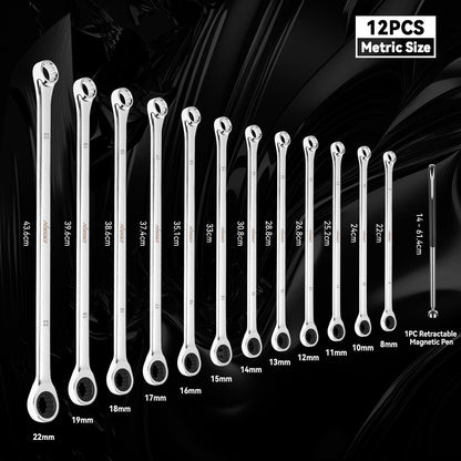 Conjunto de Chaves Catraca Extralongas 12+1 Peças, Métricas 8-22mm com Ferramenta Magnética para Presentes Masculinos