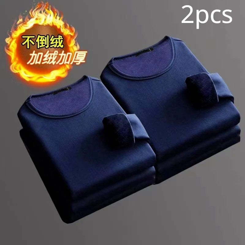 2PCS Men's Underwear Winter Long-sleeved Thermal Underwear Plus Velvet Padded T-shirt O-Neck Solid Color Slim Bottoming Shirt