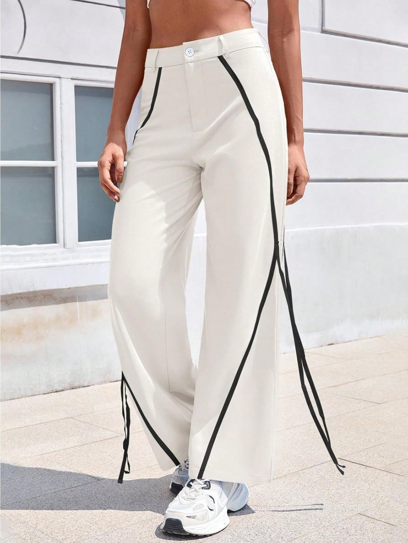 Fisoew Womens Casual Track Pants Straight Leg Trousers Splicing Line Wide Leg Pants Athletic Workout Sweatpants