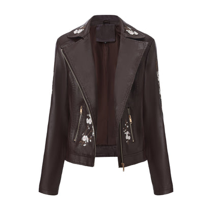 New Fall Women's Black Embroidered PU Jacket, Street-Style Brown Faux Leather Coat, Fashionable Beige Long Sleeves Top.