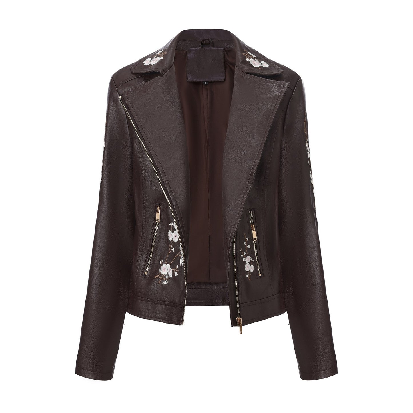 New Fall Women's Black Embroidered PU Jacket, Street-Style Brown Faux Leather Coat, Fashionable Beige Long Sleeves Top.