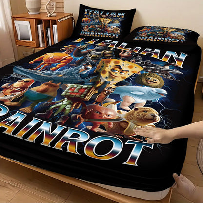 Cartoon ai Brainrot Tung Tung Sahur Team Fitted Sheet Print coreless Fitted Sheet Set Soft Bedspread Bedroom Bedding Decoration