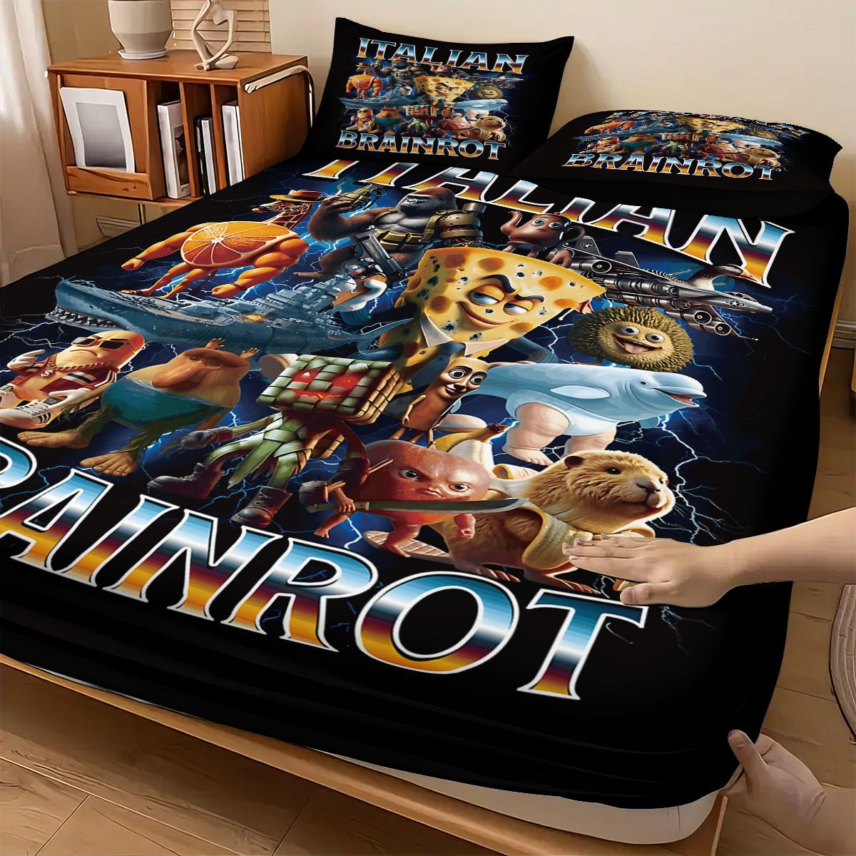 Cartoon ai Brainrot Tung Tung Sahur Team Fitted Sheet Print coreless Fitted Sheet Set Soft Bedspread Bedroom Bedding Decoration
