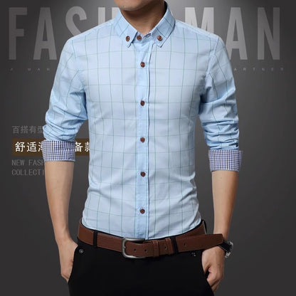 New Arrival 2025 Spring Men's Long Sleeve Shirts | Fashionable Single-Breasted Cotton Shirt in Blue Green Khaki Grey | Available