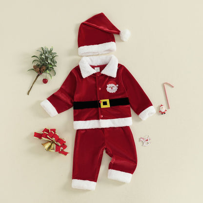 Christmas Infant Baby Girl Boy Velvet Clothes Toddler Long Sleeve Lapel Button Down Tops Elastic Waist Pants Santa Costume Set