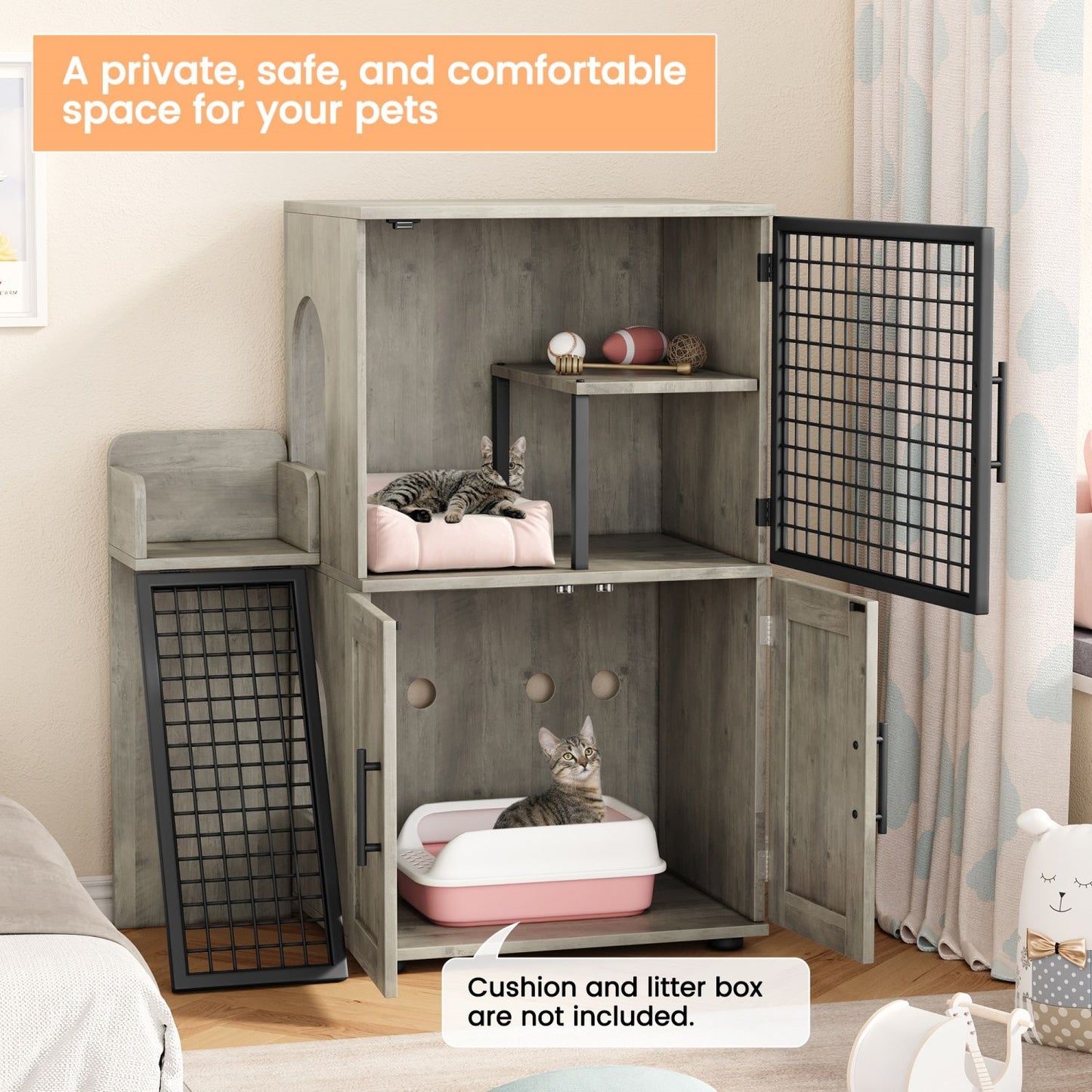 Caixa de Areia para Gatos Oculta com Plataforma, Móvel para Gatos de Camada Dupla, Móvel para Banheiro de Gatos, Casinha de Gatos com Escada