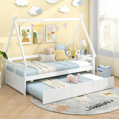 Cama de Casal com Cama Auxiliar, Estrutura de Cama Montessoriana de Madeira em Forma de Tenda com Grade de Segurança, Camas Teepee Baixas com Suporte de Ripas de Madeira