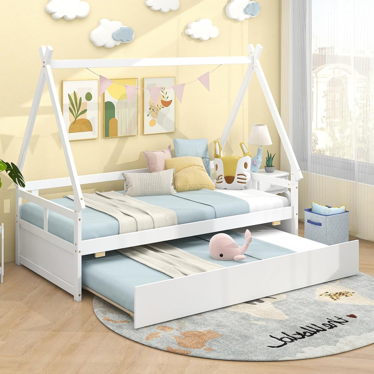 Cama de Casal com Cama Auxiliar, Estrutura de Cama Montessoriana de Madeira em Forma de Tenda com Grade de Segurança, Camas Teepee Baixas com Suporte de Ripas de Madeira